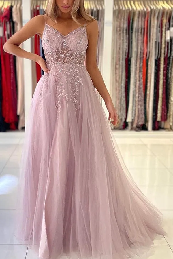 A Line V Neck Blue Tulle Long Prom Dresses Evening Dress With Beading TP1014