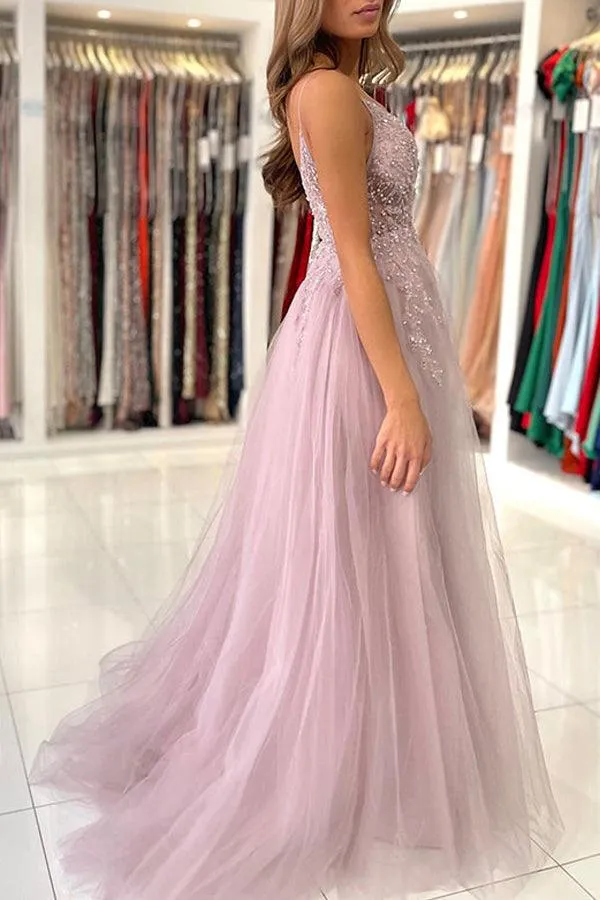 A Line V Neck Blue Tulle Long Prom Dresses Evening Dress With Beading TP1014