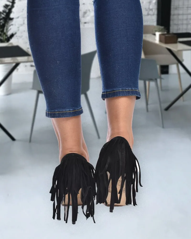 Black Fringe Heels
