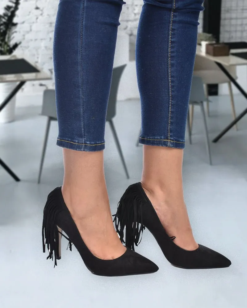 Black Fringe Heels