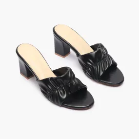 Ruched Block Heel Slides