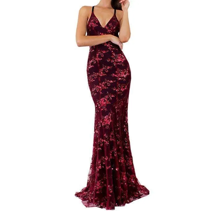 V-Neck Mermaid Sequined Lace Spaghetti Straps Backless Long Prom Dresses TP0878