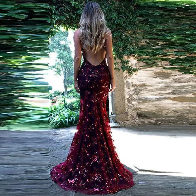 V-Neck Mermaid Sequined Lace Spaghetti Straps Backless Long Prom Dresses TP0878