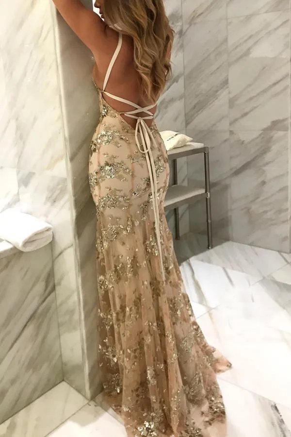 V-Neck Mermaid Sequined Lace Spaghetti Straps Backless Long Prom Dresses TP0878