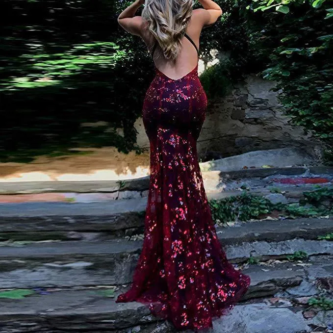 V-Neck Mermaid Sequined Lace Spaghetti Straps Backless Long Prom Dresses TP0878